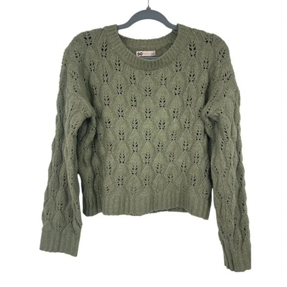 SO Goods‎ for Life Olive Green Pointelle Knit Sweater Medium Cropped Cottagecore